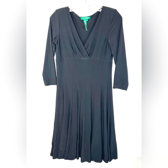 Ralph Lauren Women Size 8 Black Knit Midi Dress Fit Flare Long Sleeve - Picture 1 of 8